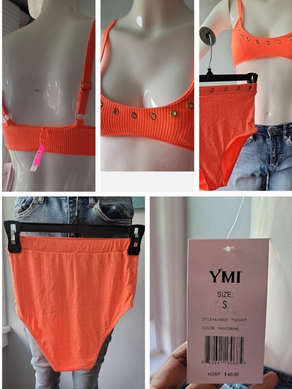 Two Piece Bikini Set Ribbed High-Waist in Bright Orange Grommet Detail